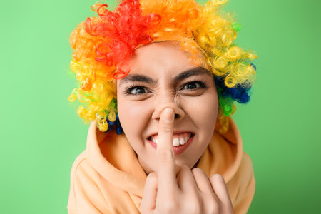 Funny young woman in colorful wig on green background. April fools' day celebrationの写真素材