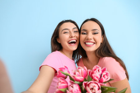 Beautiful young women with flowers taking selfie on blue background. International Women's Day celebrationの写真素材