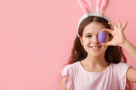 Cute little girl with bunny ears and Easter egg on pink backgroundの写真素材