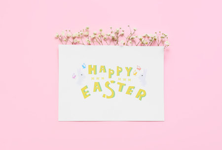Beautiful Easter composition with greeting card on color background