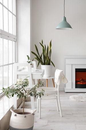 Comfortable workplace and houseplant near window in light room interiorの写真素材