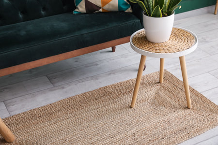 Modern table with houseplant in the interior of the roomの写真素材