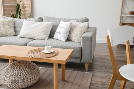 Modern table with sofa and pouf in interior of roomの写真素材