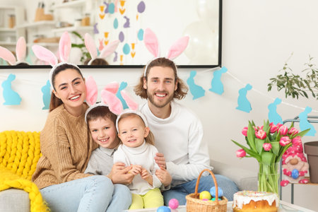 Happy family in bunny ears at home on Easter Dayの写真素材