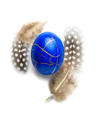 Stylish Easter eggs and feathers on white backgroundの写真素材