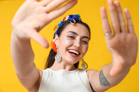 Happy woman with creative makeup and stylish jewelry on yellow backgroundの写真素材