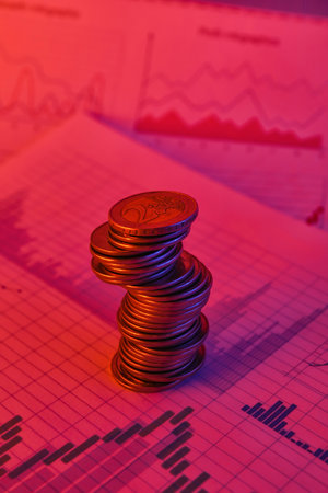 Stack of coins on diagrams, closeup. Exchange rate concept