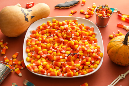 Bowl with Halloween candy corns on red background, closeup