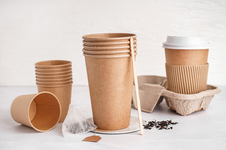 Different paper cups on light backgroundの写真素材