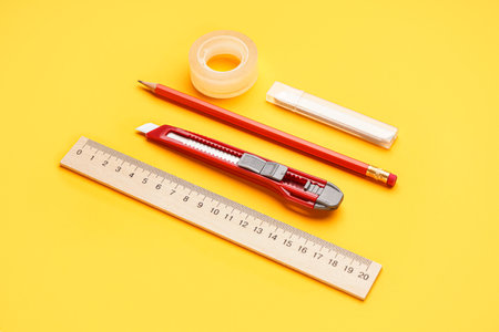 Utility knife with adhesive tape, blades, pencil and ruler on yellow background