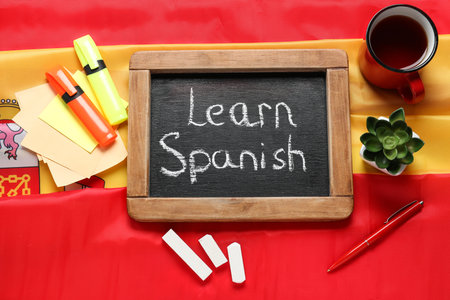 Chalkboard with text LEARN SPANISH, stationery, flowerpot and cup on flagの写真素材