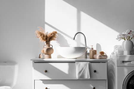 Modern sink, bath accessories and vase with pampas grass near white wallの写真素材