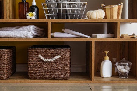 Close up view of shelf unit with different bath accessoriesの写真素材