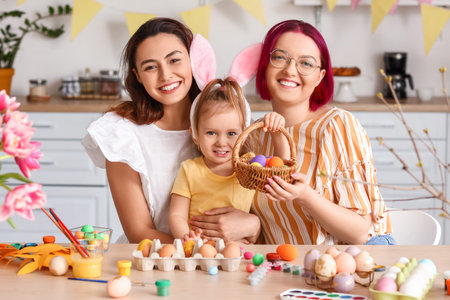 Young lesbian couple with little daughter during painting of Easter eggs in kitchenの写真素材