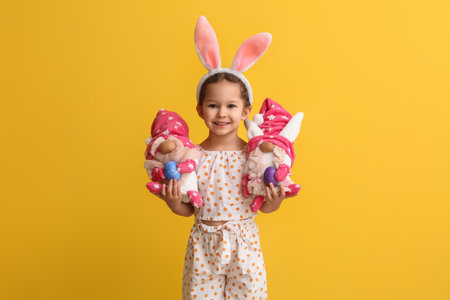 Funny little girl with bunny ears and toys on yellow background. easter celebrationの写真素材