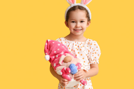 Funny little girl with bunny ears and toy on yellow background. easter celebrationの写真素材