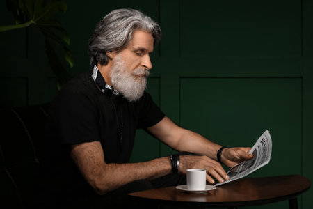 Handsome mature bearded man reading newspaper at home
