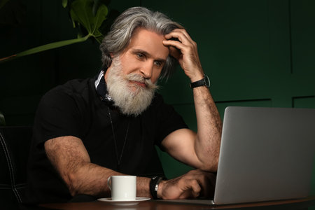 Portrait of handsome mature bearded man using laptop at homeの写真素材