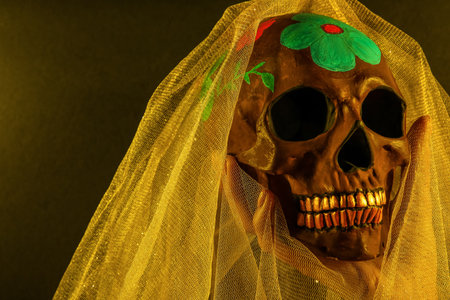 Woman with painted skull for Mexico's Day of the Dead (El Dia de Muertos) and veil on dark...