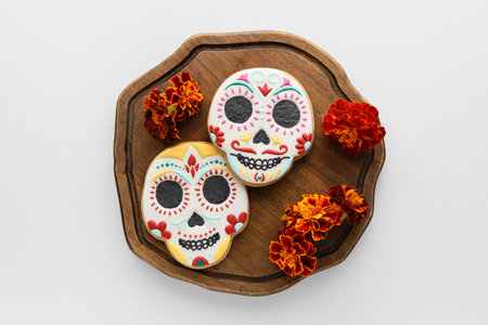 Board with skull shaped cookies and flowers on white background. El Dia de Muertos