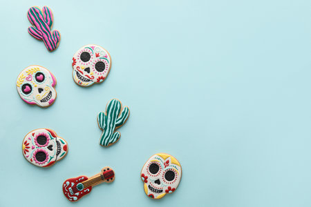 Tasty cookies on blue background. El Dia de Muertosの写真素材