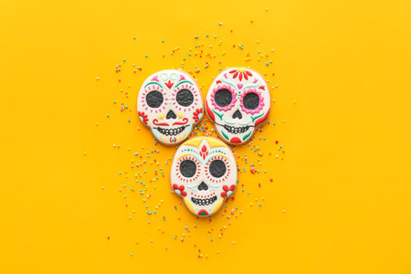 Skull shaped cookies with sprinkles on yellow background. El Dia de Muertos