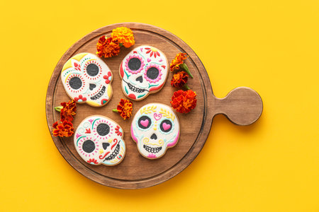 Board with skull shaped cookies and flowers on yellow background. El Dia de Muertosの写真素材