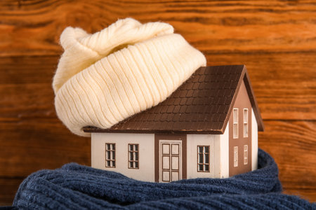 House model with knitted hat and scarf on dark wooden background. heating conceptの写真素材