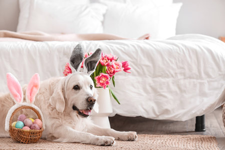 Adorable dog with bunny ears, Easter eggs and tulip flowers at homeの写真素材