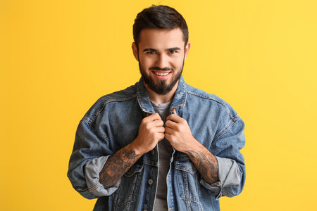 Smiling bearded man wearing denim jacket on yellow backgroundの写真素材