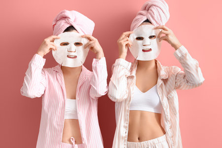 Beautiful young women in pajamas and with facial masks on pink backgroundの写真素材