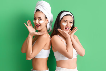 Beautiful young women with facial masks on green background