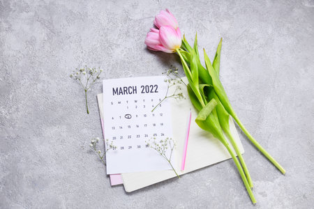 Calendar and flowers for International Women's Day celebration on gray background