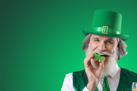 Senior man eating cookie on green background. St. Patrick's Day celebrationの写真素材