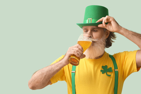 Senior man in green hat drinking beer on light background. St. Patrick's Day celebrationの写真素材