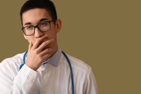 Male Asian doctor worrying on color backgroundの写真素材