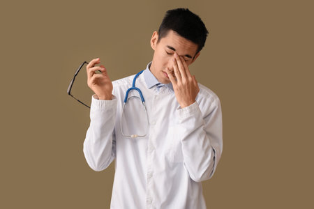 Male Asian doctor worrying on color backgroundの写真素材