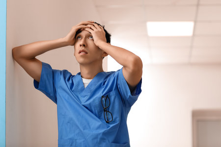 Male Asian doctor worrying in clinicの写真素材
