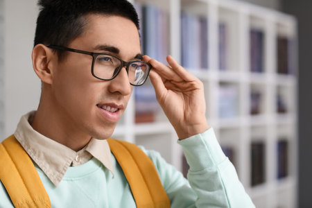 Male Asian student with eyeglasses in library, closeupの写真素材