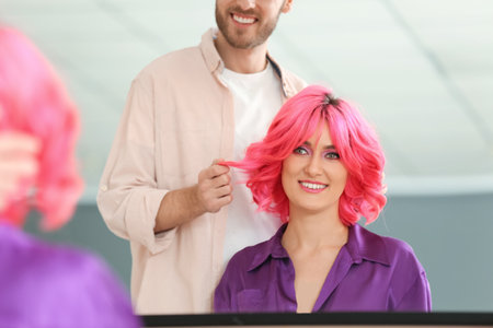 Male stylist doing hair of young woman in beauty salonの写真素材