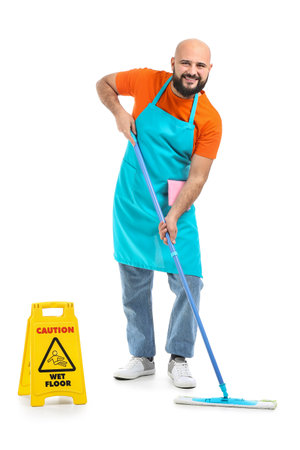 Bald man with floor mop isolated on whiteの写真素材