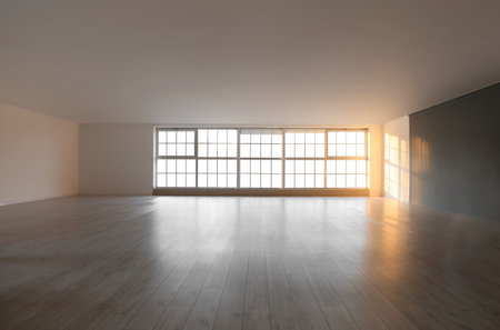 View of empty room with big windows and shelvesの写真素材