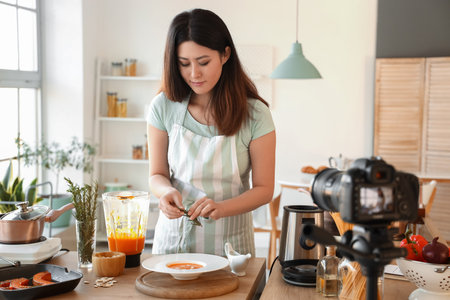 Young woman cooking pumpkin soup while recording video class in kitchenの写真素材