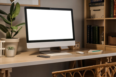Workplace with modern computer, mobile phone and houseplant near gray wall