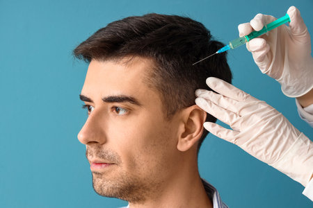 Handsome man with hair loss receiving injection problem on blue background, closeupの写真素材