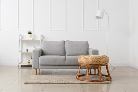 Interior of modern living room with stylish sofa and tableの写真素材