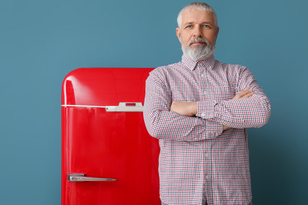 Mature man and red fridge on blue background