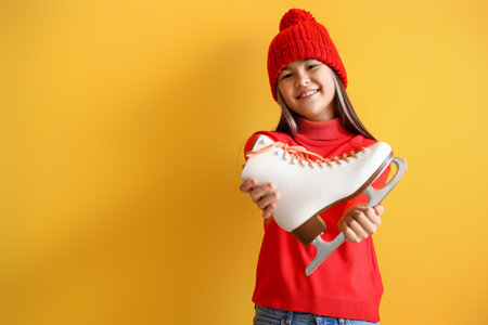 Little Asian girl in warm clothes with ice skate on yellow backgroundの写真素材