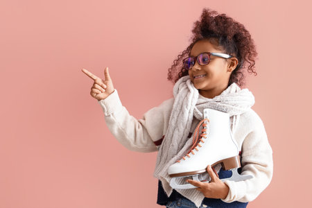 Little African-American girl in eyeglasses with ice skates pointing at something on pink backgroundの写真素材