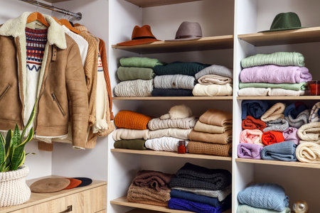 Shelves with warm sweaters and hats in wardrobeの写真素材